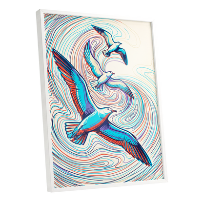 Gulls in the Slipstream, blue, red, beige nature wall art shown as a white framed poster wall art print
