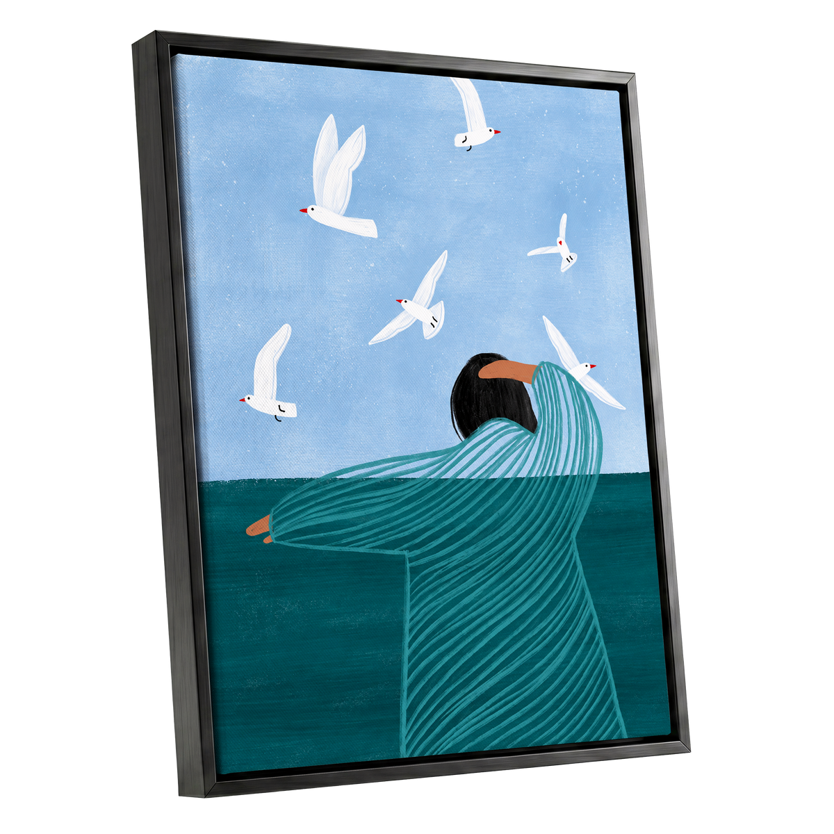 Gulls on the Breeze, blue, green, white nature wall art shown as a black framed canvas wall art