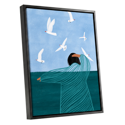 Gulls on the Breeze, blue, green, white nature wall art shown as a black framed canvas wall art