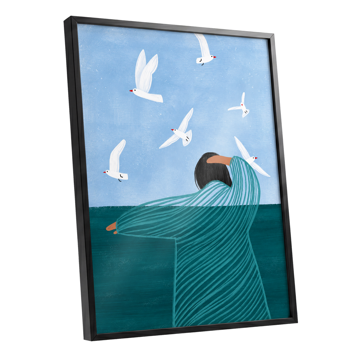 Gulls on the Breeze, blue, green, white nature wall art shown as a black framed poster wall art print