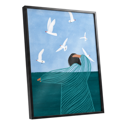 Gulls on the Breeze, blue, green, white nature wall art shown as a black framed poster wall art print