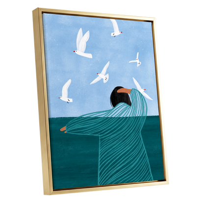 Gulls on the Breeze, blue, green, white nature wall art shown as a gold framed canvas wall art