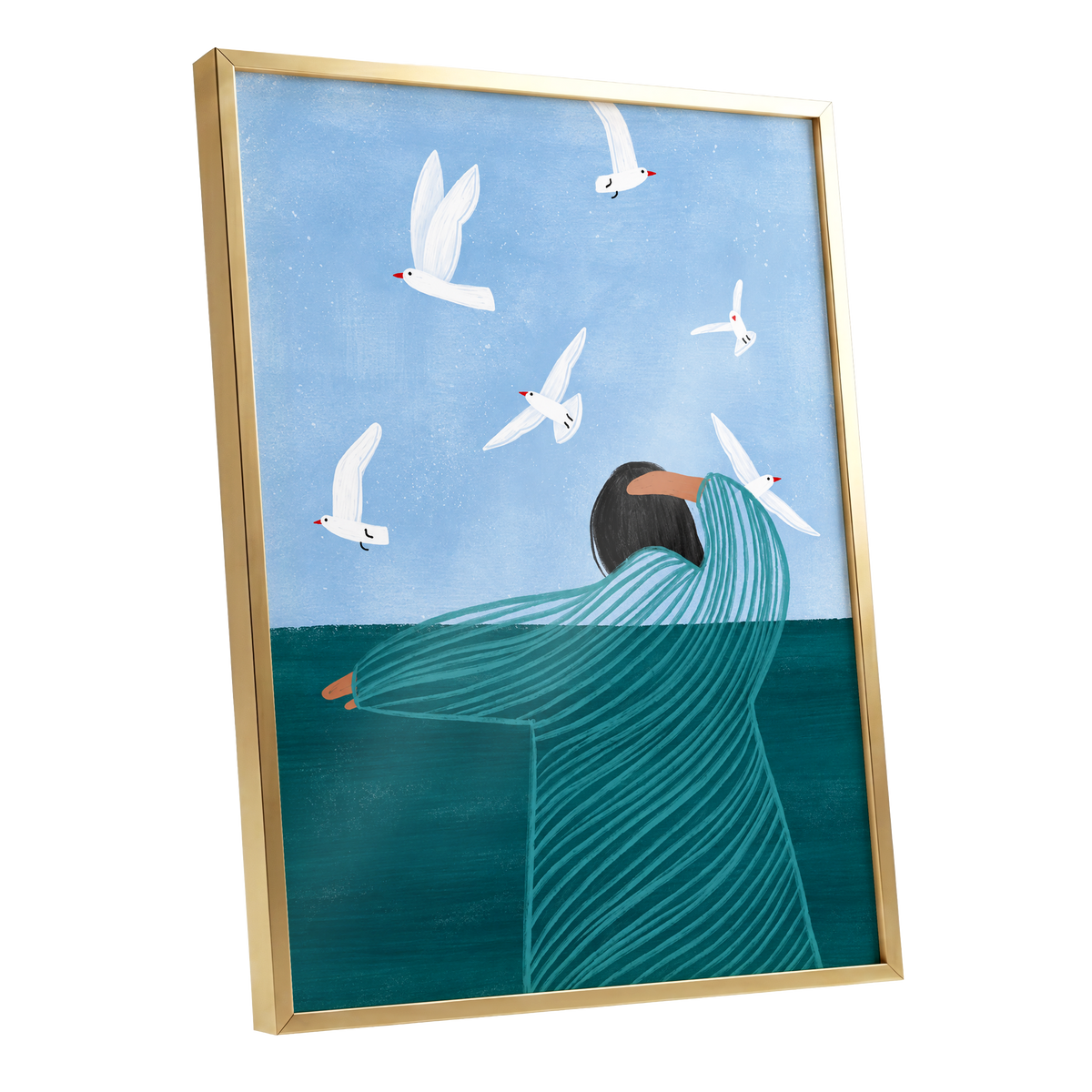 Gulls on the Breeze, blue, green, white nature wall art shown as a gold framed poster wall art print