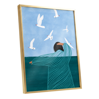 Gulls on the Breeze, blue, green, white nature wall art shown as a gold framed poster wall art print