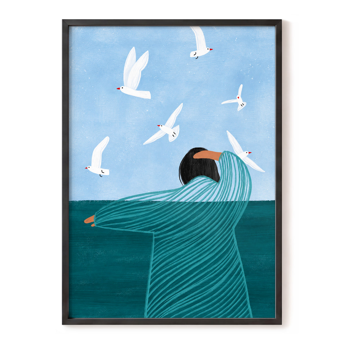 Gulls on the Breeze, blue, green, white nature wall art, front artwork view