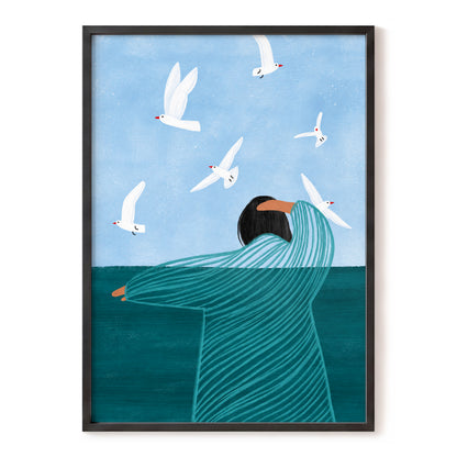 Gulls on the Breeze, blue, green, white nature wall art, front artwork view