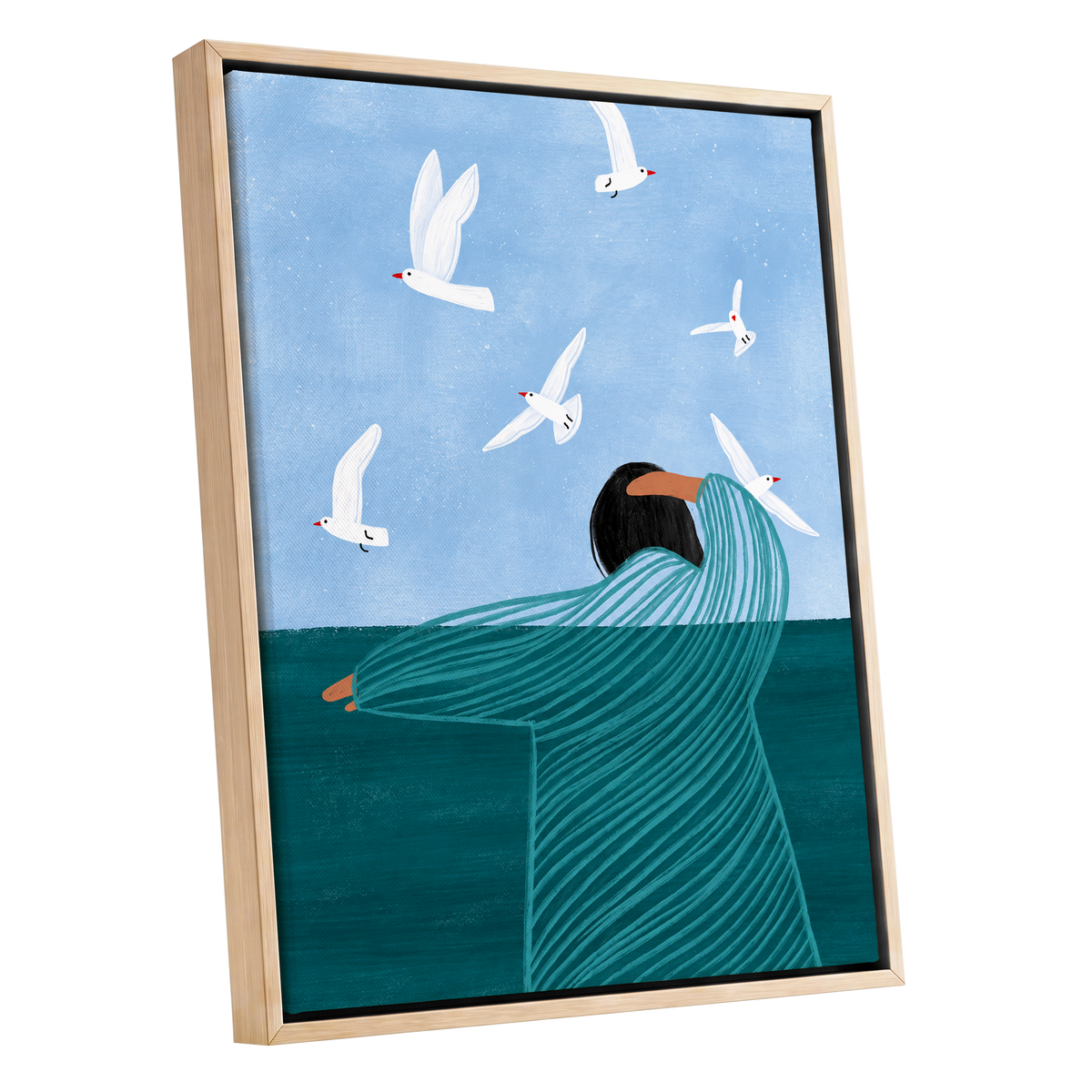 Gulls on the Breeze, blue, green, white nature wall art shown as a oak framed canvas wall art