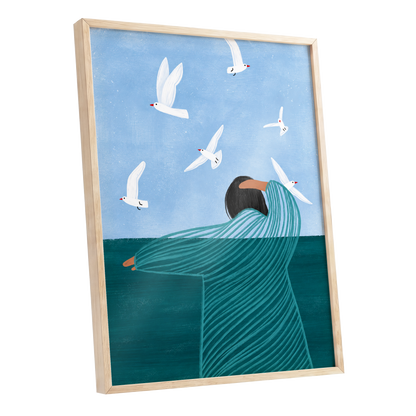 Gulls on the Breeze, blue, green, white nature wall art shown as a oak framed poster wall art print
