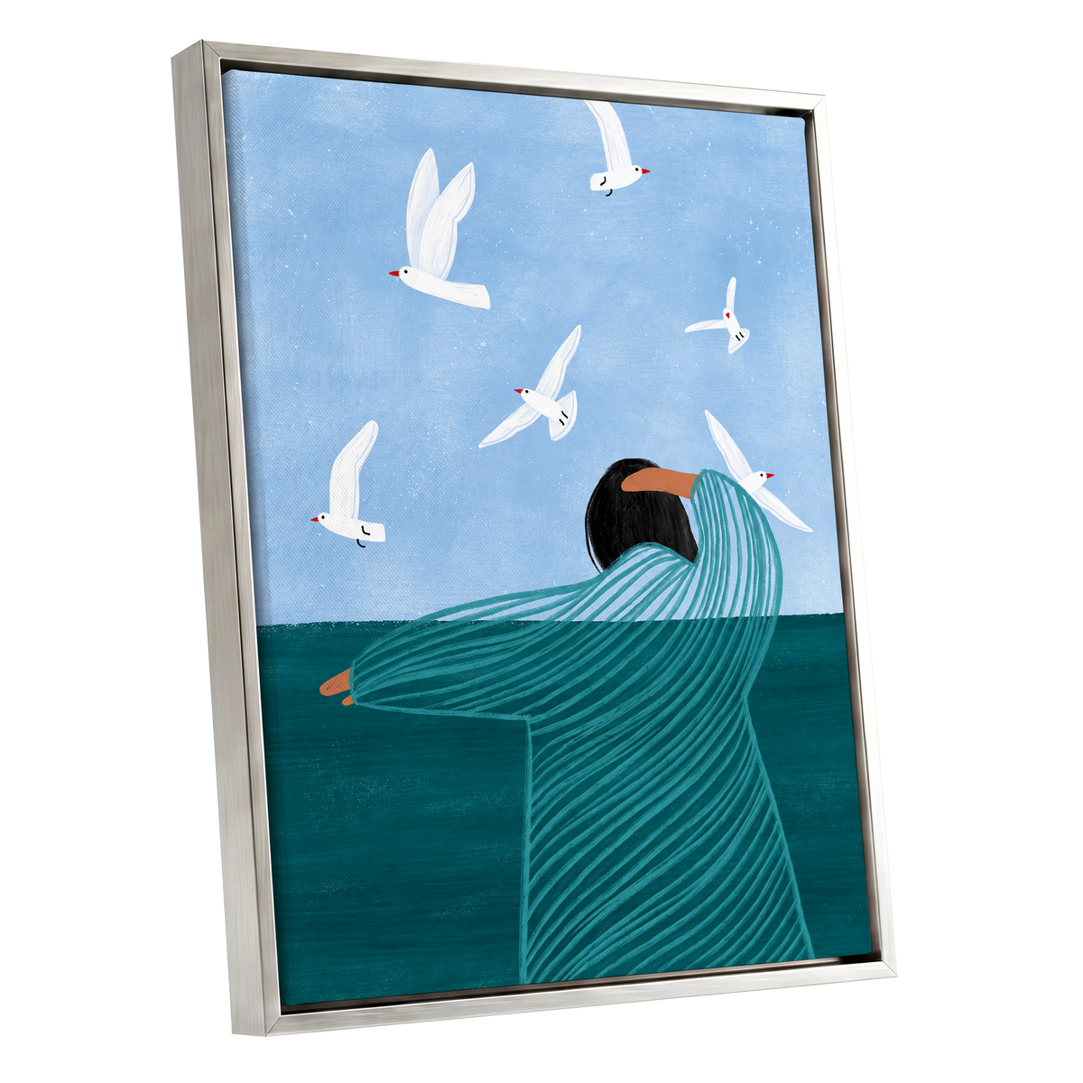 Gulls on the Breeze, blue, green, white nature wall art shown as a silver framed canvas wall art