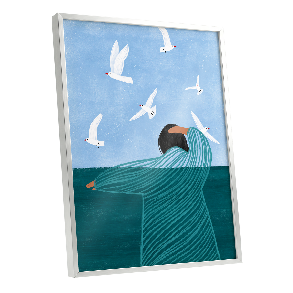 Gulls on the Breeze, blue, green, white nature wall art shown as a silver framed poster wall art print