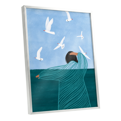 Gulls on the Breeze, blue, green, white nature wall art shown as a silver framed poster wall art print