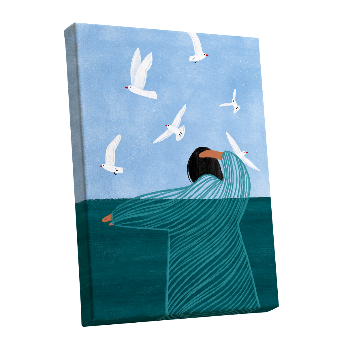 Gulls on the Breeze, blue, green, white nature wall art shown as a stretched canvas wall art