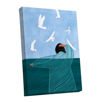 Gulls on the Breeze, blue, green, white nature wall art shown as a stretched canvas wall art