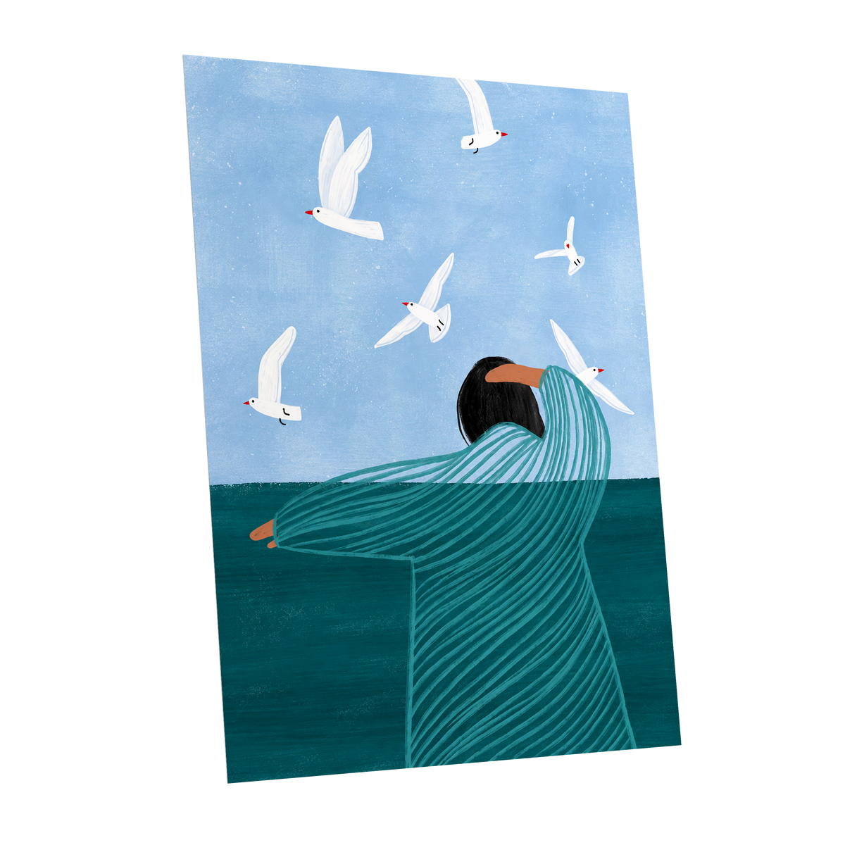 Gulls on the Breeze, blue, green, white nature wall art shown as a unframed poster wall art print