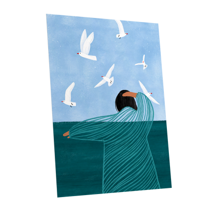 Gulls on the Breeze, blue, green, white nature wall art shown as a unframed poster wall art print