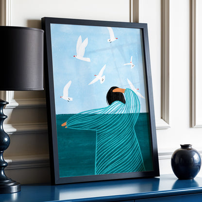 Gulls on the Breeze, blue, green, white nature wall art displayed in a styled interior, gallery view 2
