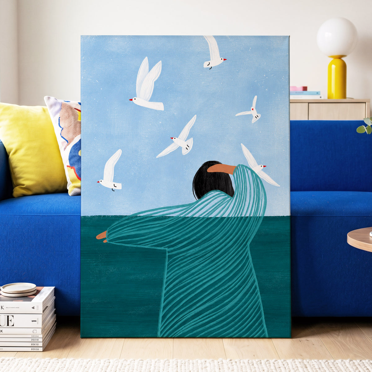 Gulls on the Breeze, blue, green, white nature wall art displayed in a styled interior, gallery view 3