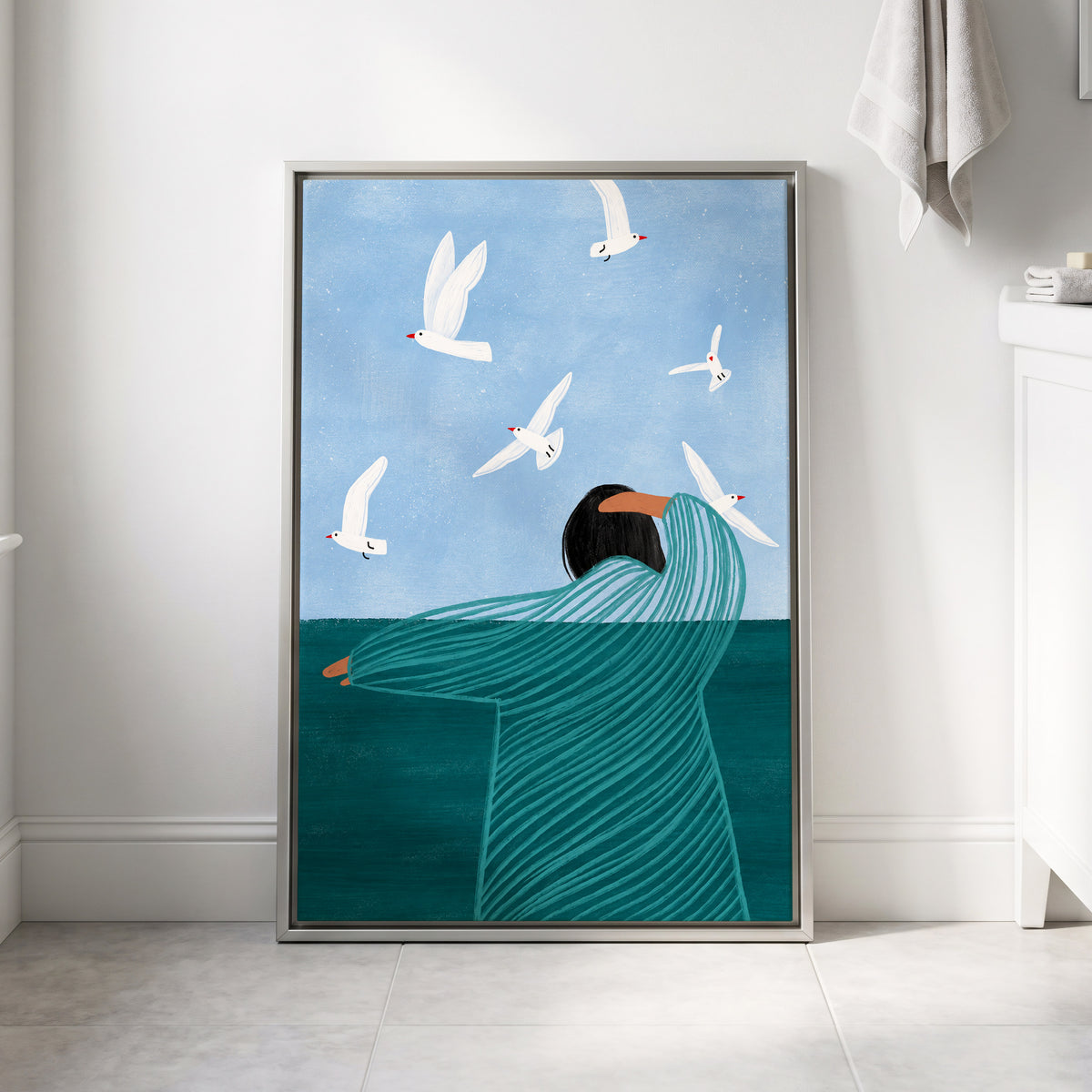 Gulls on the Breeze, blue, green, white nature wall art displayed in a styled interior, gallery view 4