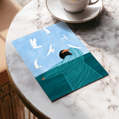Gulls on the Breeze, blue, green, white nature wall art displayed in a styled interior, gallery view 5