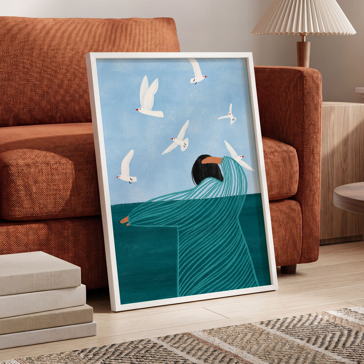 Gulls on the Breeze, blue, green, white nature wall art displayed in a styled interior, gallery view 6