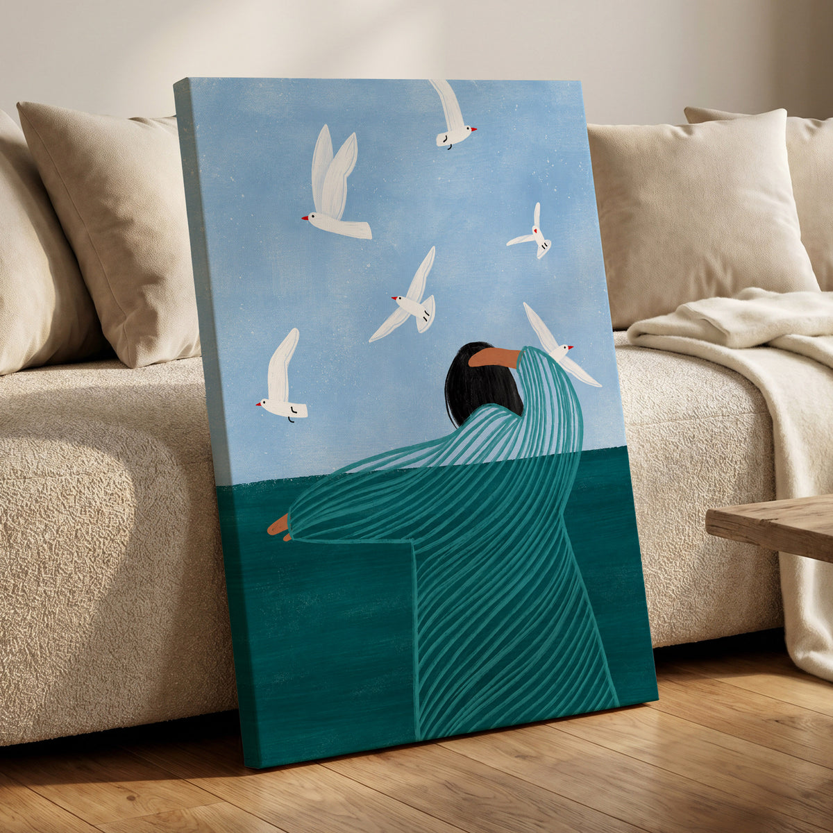 Gulls on the Breeze, blue, green, white nature wall art displayed in a styled interior, gallery view 7