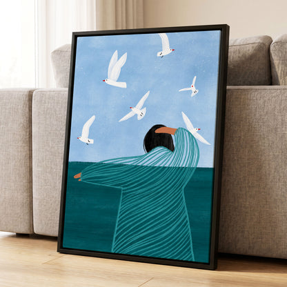 Gulls on the Breeze, blue, green, white nature wall art displayed in a styled interior, gallery view 8