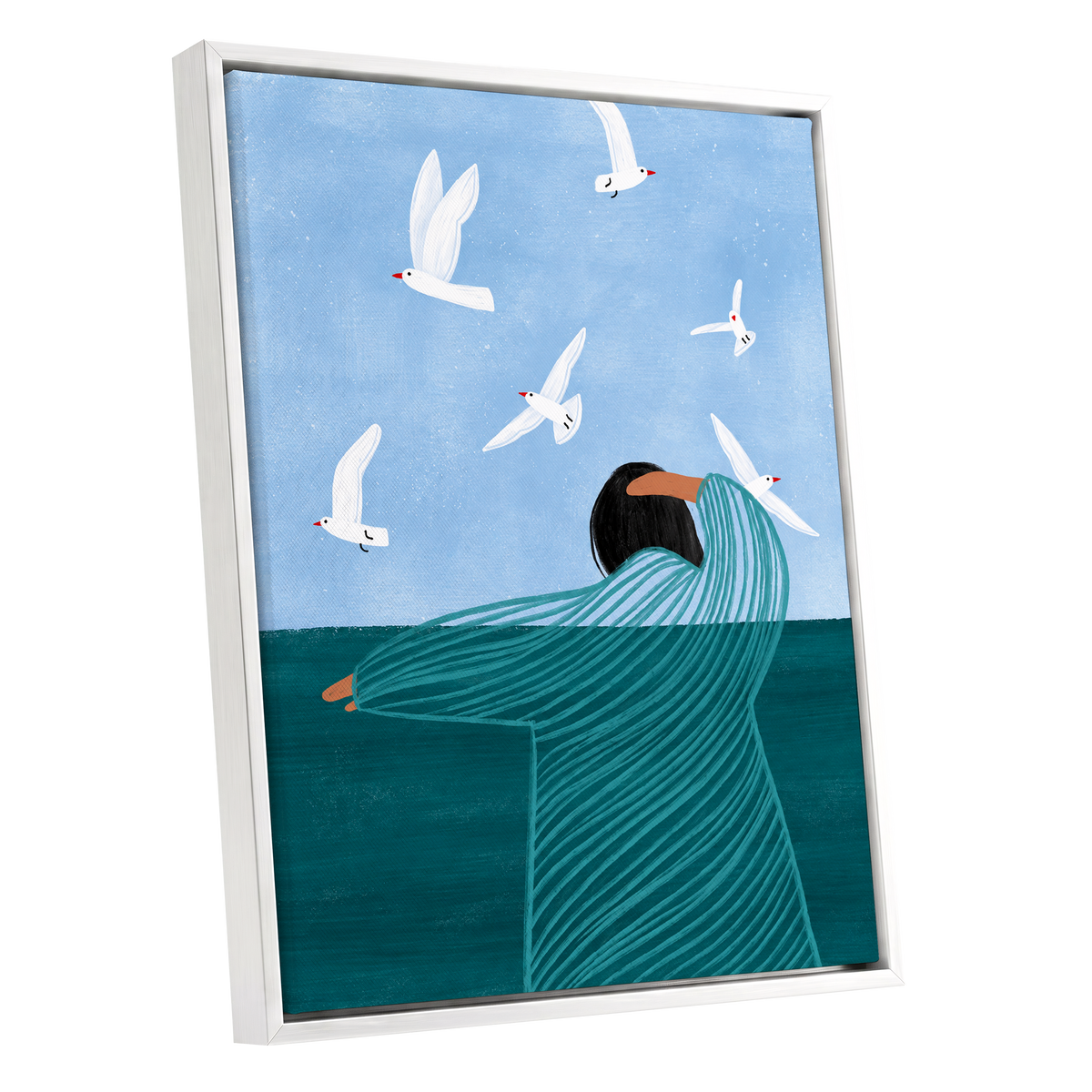 Gulls on the Breeze, blue, green, white nature wall art shown as a white framed canvas wall art