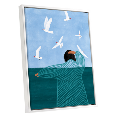Gulls on the Breeze, blue, green, white nature wall art shown as a white framed canvas wall art