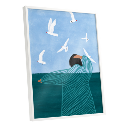Gulls on the Breeze, blue, green, white nature wall art shown as a white framed poster wall art print
