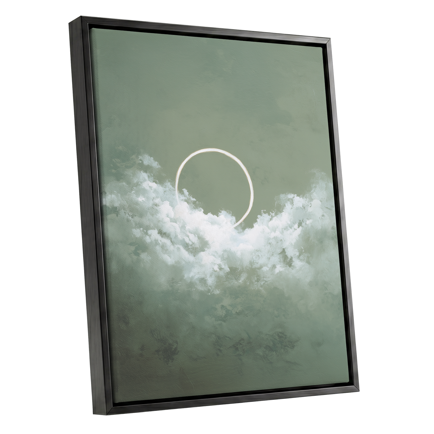 Halo in Sage Skies, green, white, beige nature wall art shown as a black framed canvas wall art