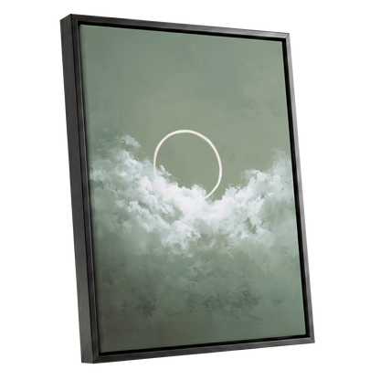 Halo in Sage Skies, green, white, beige nature wall art shown as a black framed canvas wall art