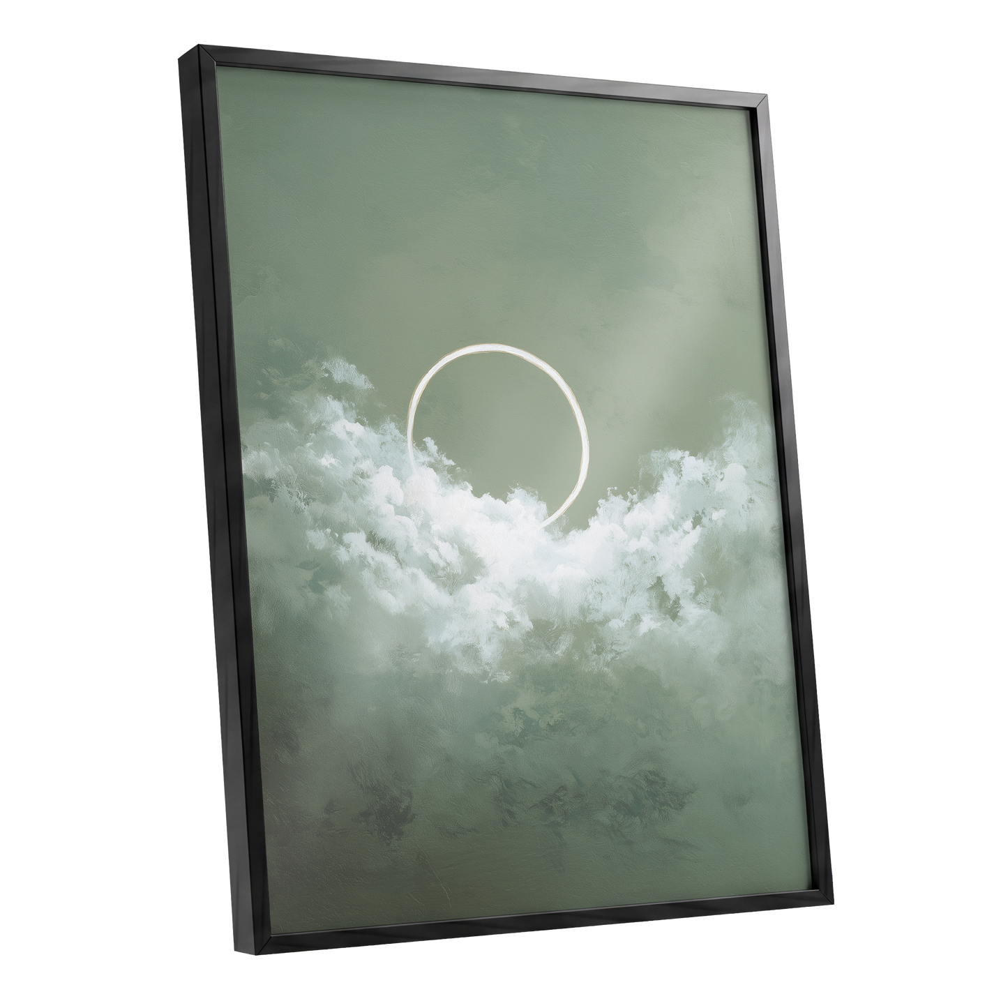 Halo in Sage Skies, green, white, beige nature wall art shown as a black framed poster wall art print