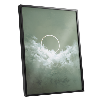 Halo in Sage Skies, green, white, beige nature wall art shown as a black framed poster wall art print