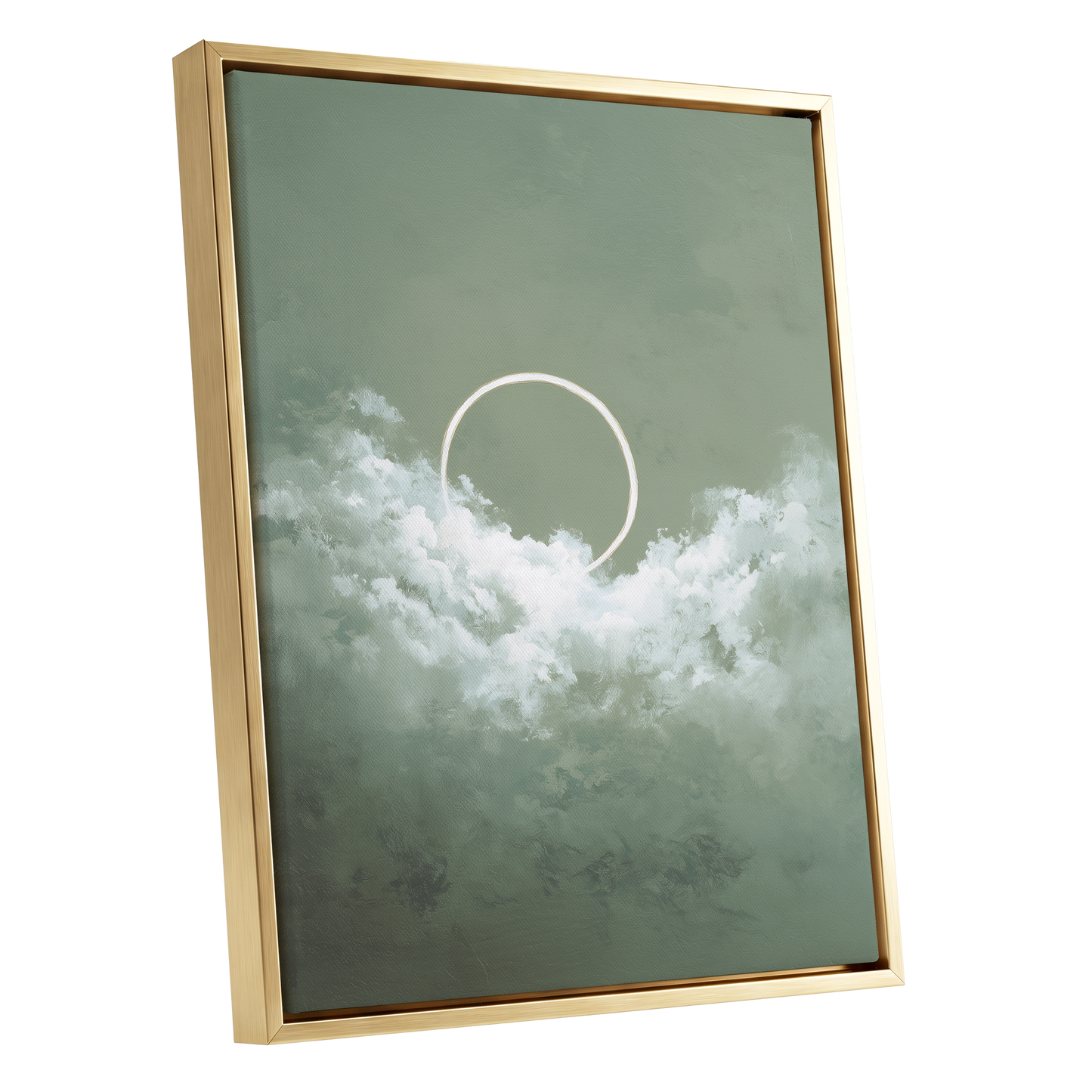 Halo in Sage Skies, green, white, beige nature wall art shown as a gold framed canvas wall art