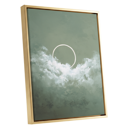 Halo in Sage Skies, green, white, beige nature wall art shown as a gold framed canvas wall art