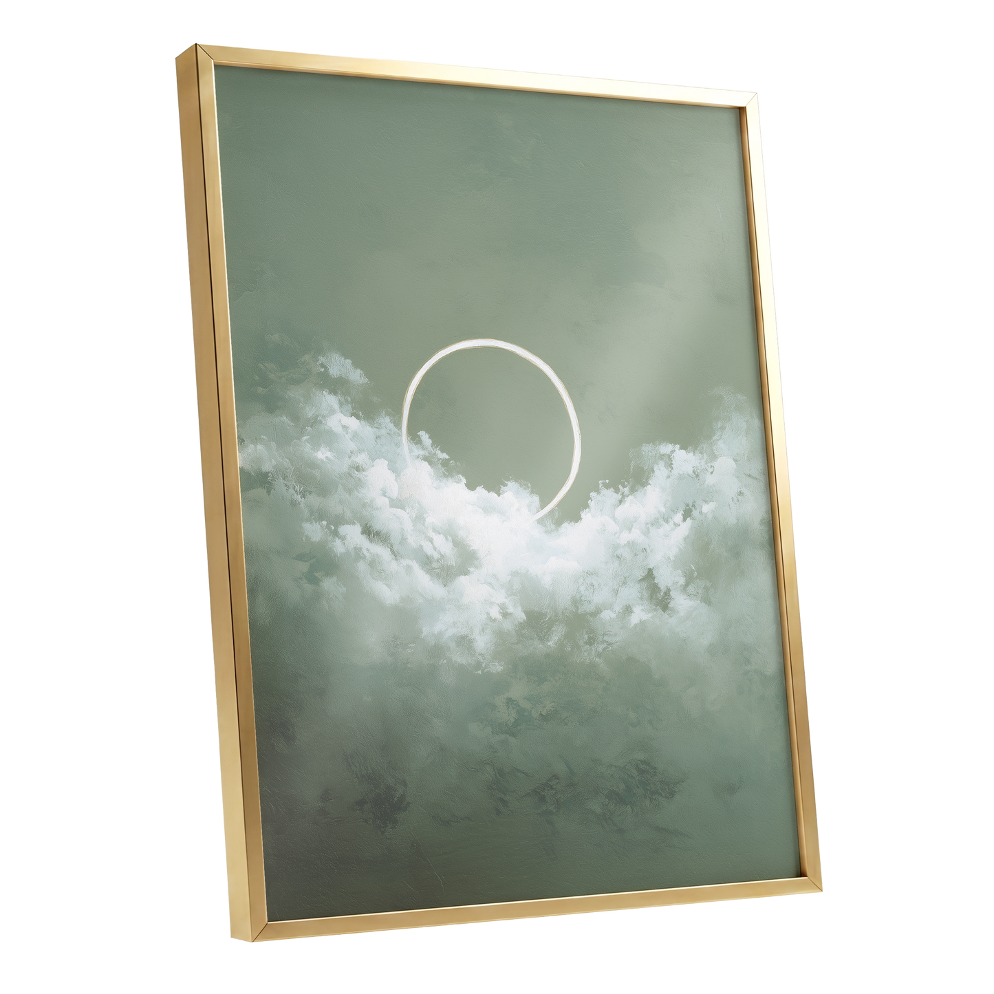Halo in Sage Skies, green, white, beige nature wall art shown as a gold framed poster wall art print