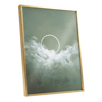 Halo in Sage Skies, green, white, beige nature wall art shown as a gold framed poster wall art print