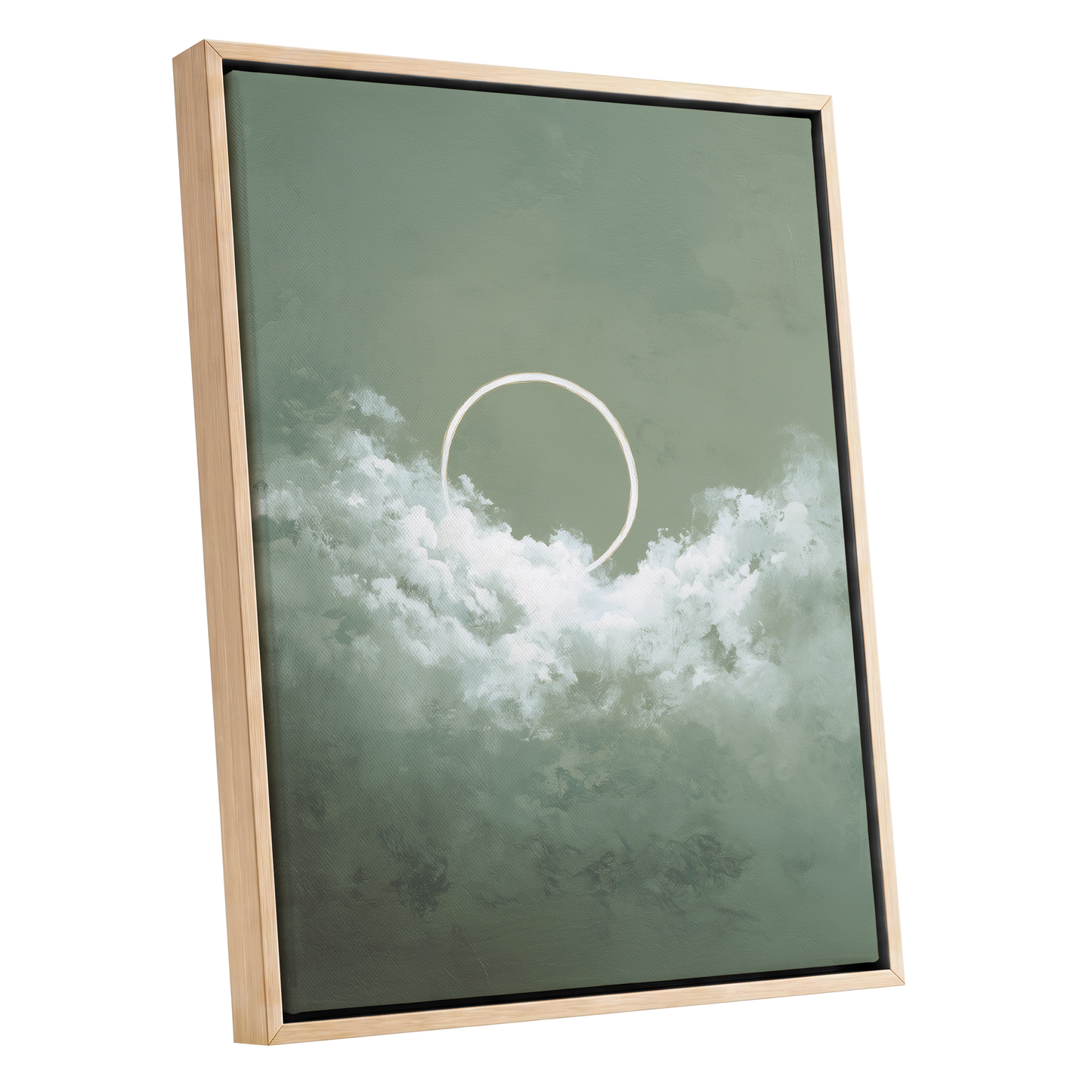 Halo in Sage Skies, green, white, beige nature wall art shown as a oak framed canvas wall art