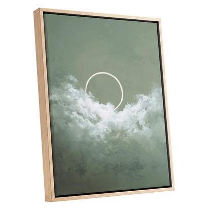 Halo in Sage Skies, green, white, beige nature wall art shown as a oak framed canvas wall art