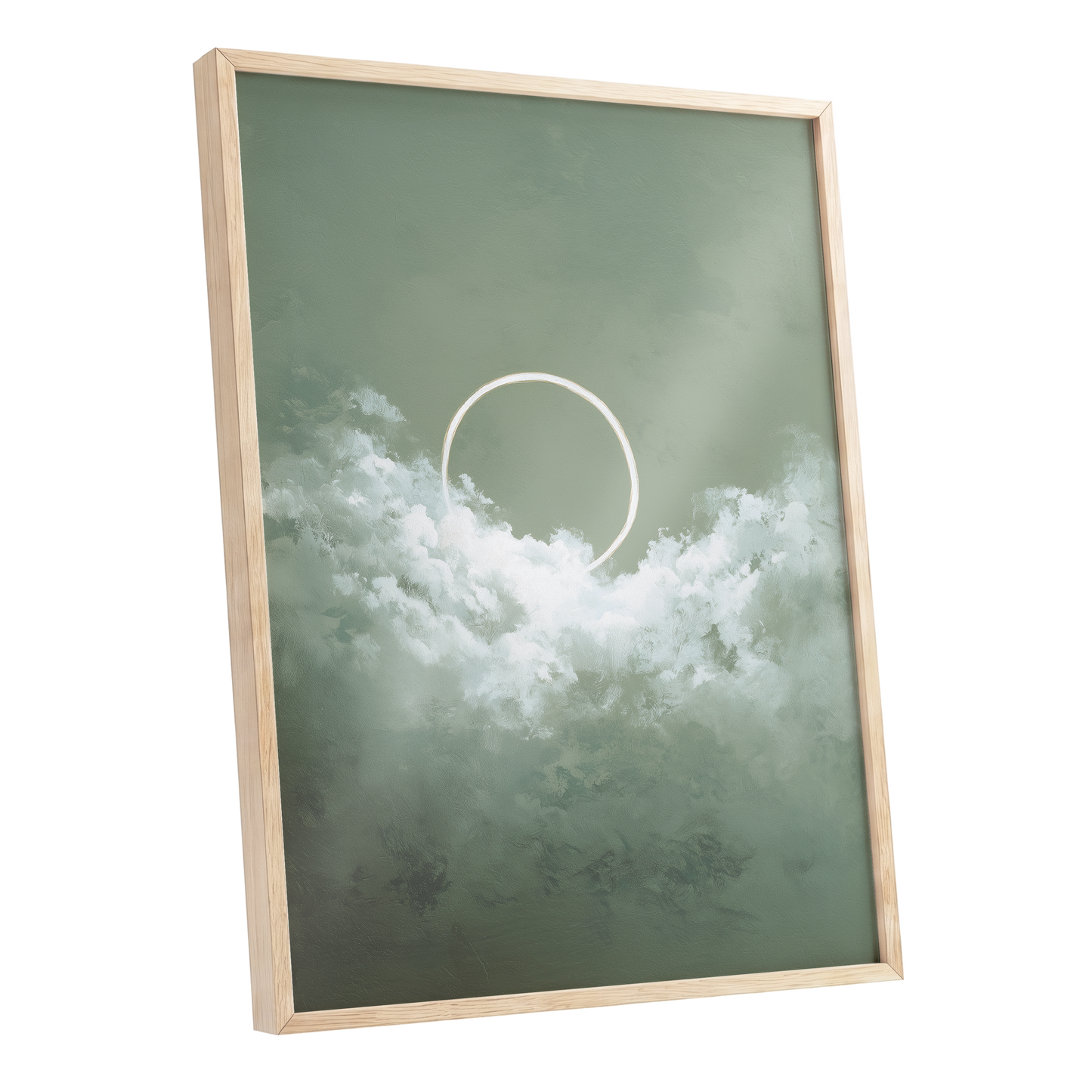 Halo in Sage Skies, green, white, beige nature wall art shown as a oak framed poster wall art print