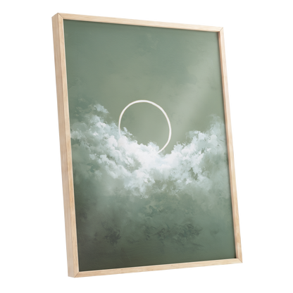 Halo in Sage Skies, green, white, beige nature wall art shown as a oak framed poster wall art print