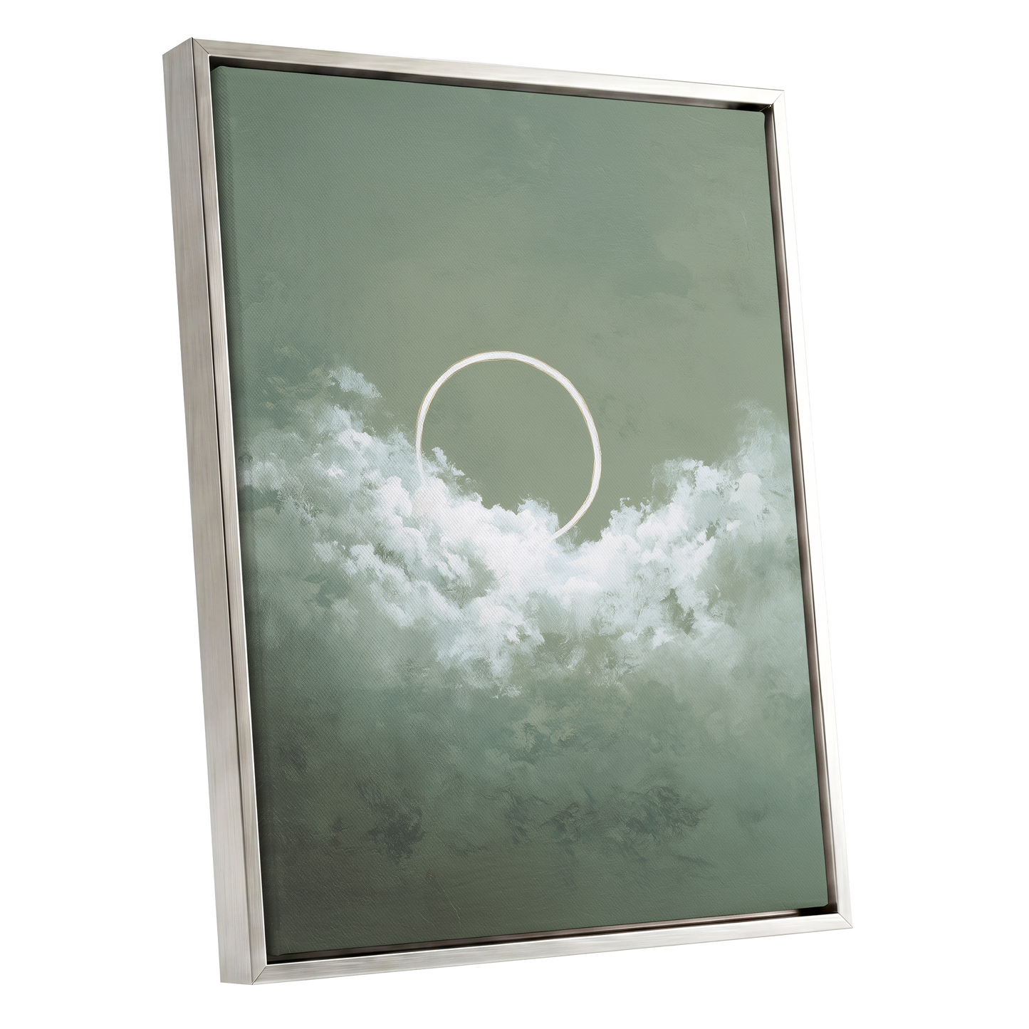 Halo in Sage Skies, green, white, beige nature wall art shown as a silver framed canvas wall art