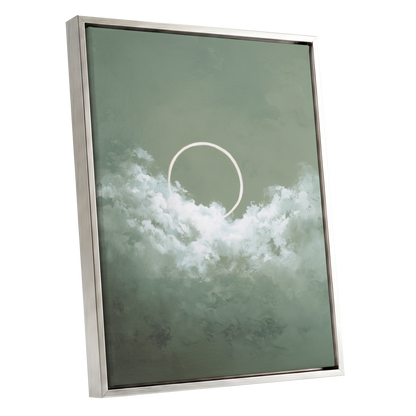Halo in Sage Skies, green, white, beige nature wall art shown as a silver framed canvas wall art