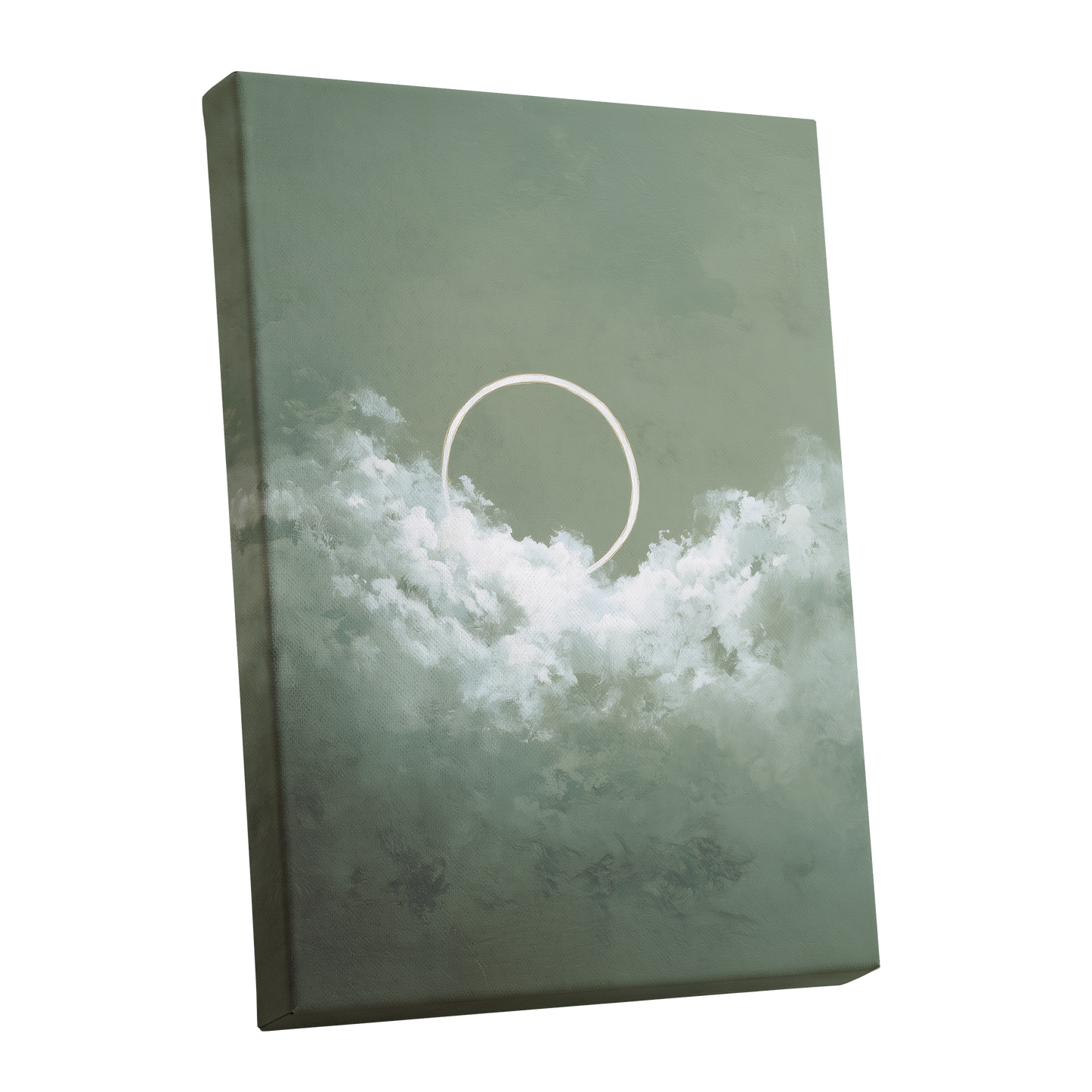 Halo in Sage Skies, green, white, beige nature wall art shown as a stretched canvas wall art
