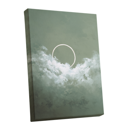 Halo in Sage Skies, green, white, beige nature wall art shown as a stretched canvas wall art