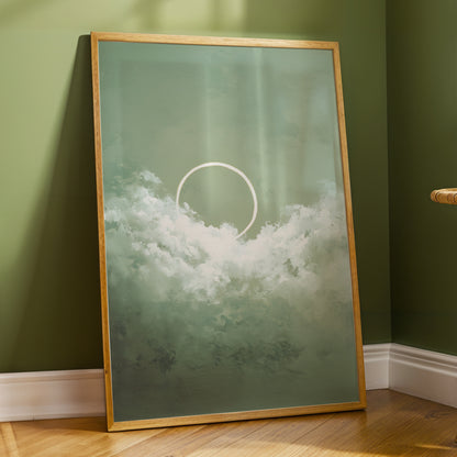 Halo in Sage Skies, green, white, beige nature wall art displayed in a styled interior, gallery view 2
