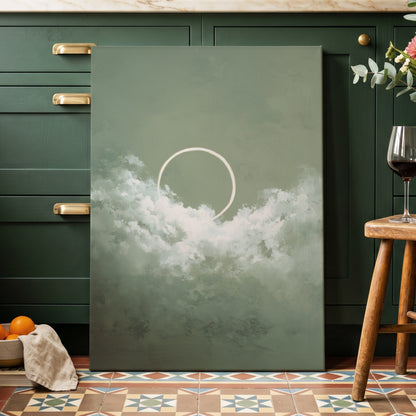 Halo in Sage Skies, green, white, beige nature wall art displayed in a styled interior, gallery view 3