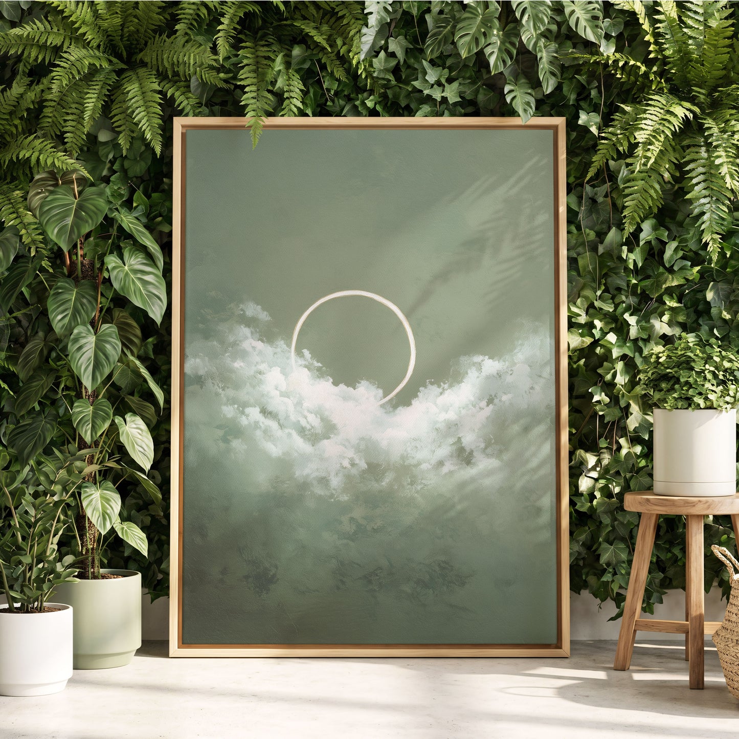 Halo in Sage Skies, green, white, beige nature wall art displayed in a styled interior, gallery view 4