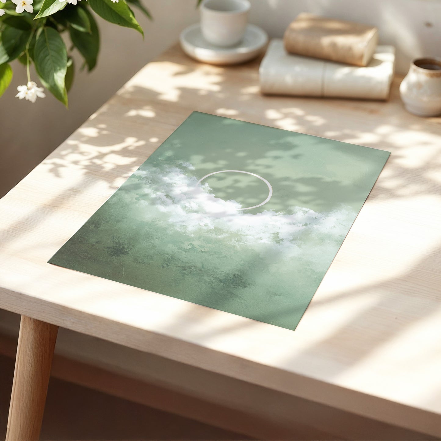 Halo in Sage Skies, green, white, beige nature wall art displayed in a styled interior, gallery view 5