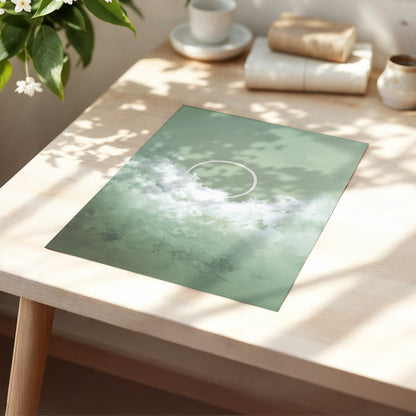 Halo in Sage Skies, green, white, beige nature wall art displayed in a styled interior, gallery view 5